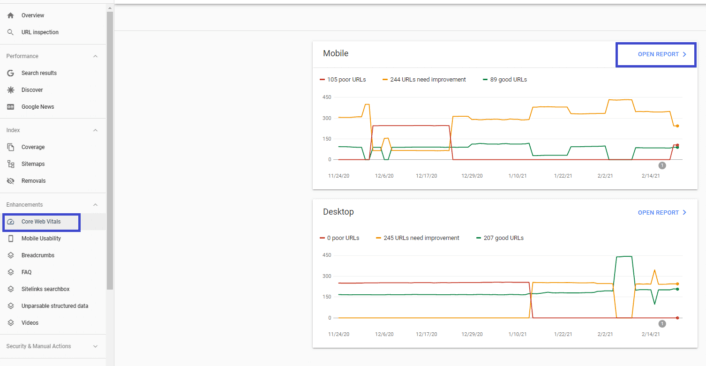 Search Console 中的 Core Web Vitals 报告